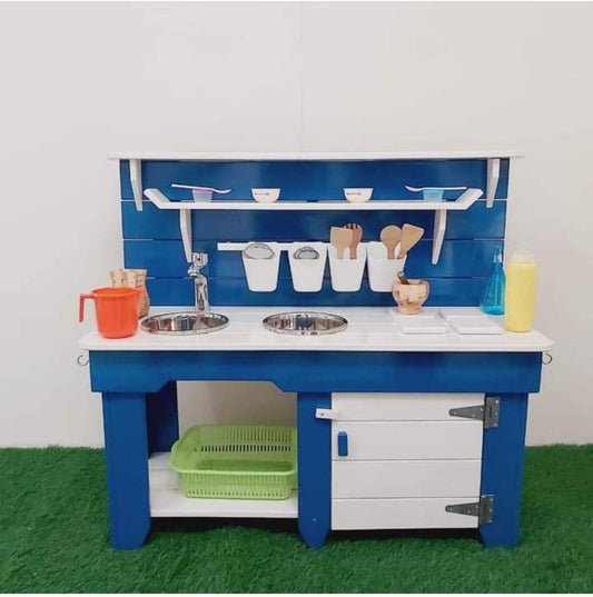 Hand built wooden kids mud kitchen